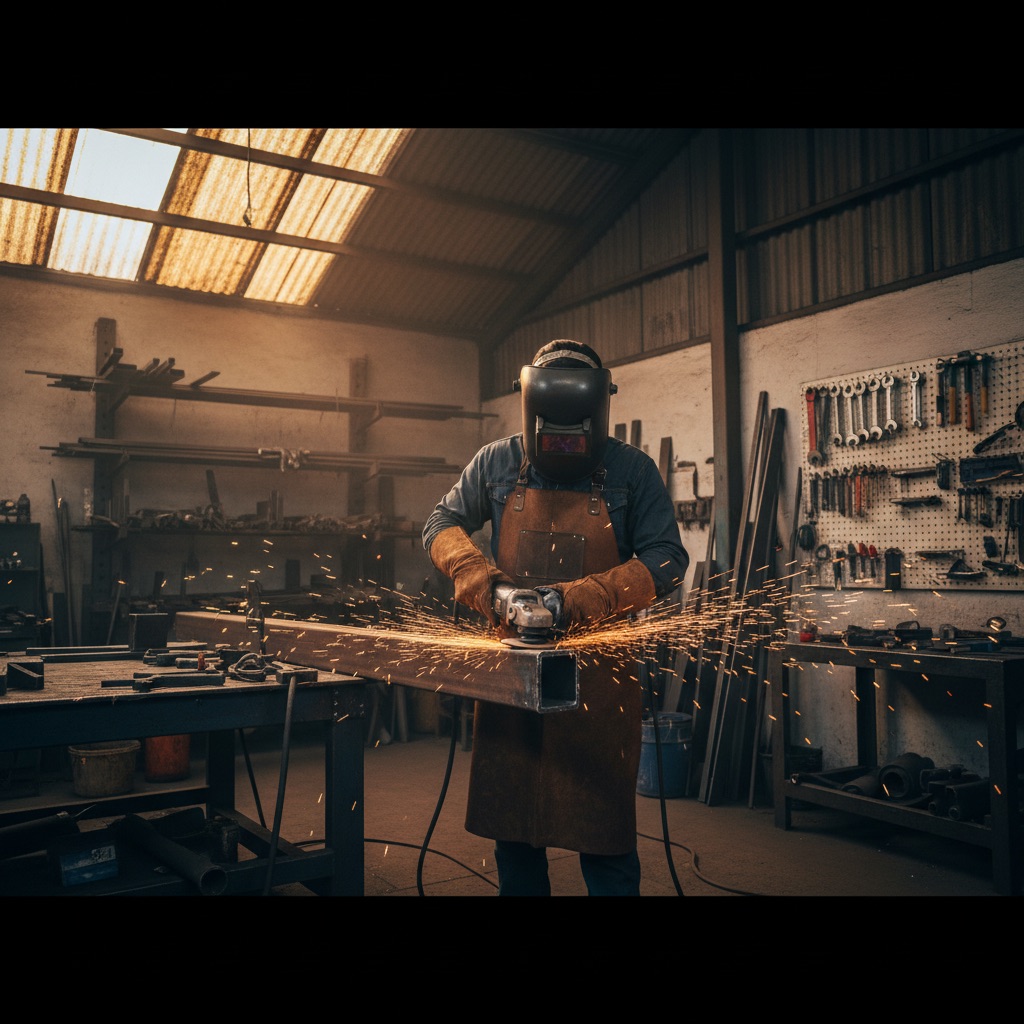 Soldador mexicano usando esmeriladora con disco abrasivo en taller de fabricación metalmecánica